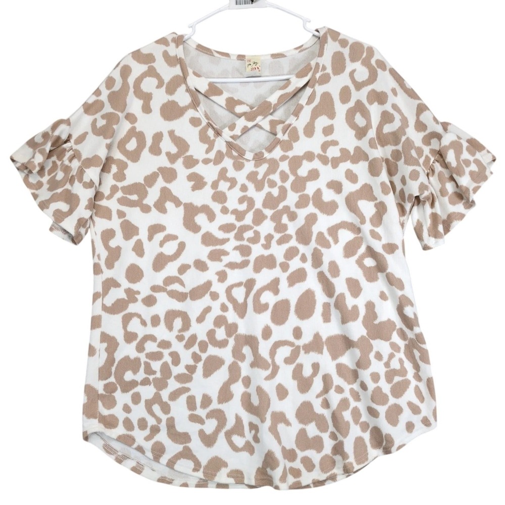 7th Ray Beige Animal Print Soft Fleece Jersey Top Womens S Boutique Casual Chic